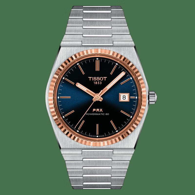 天梭(tissot)新款prx超级玩家系列18k玫瑰金自动机械男表 graded blue