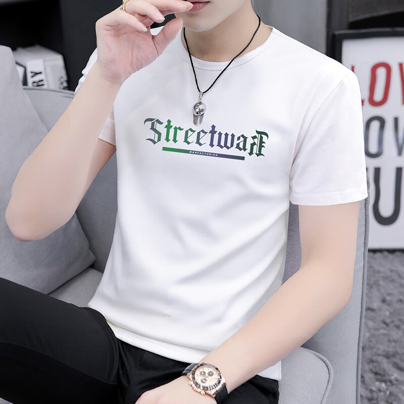 t恤短袖年轻时尚夏季圆领修身百搭装薄款透气体恤衫青上衣 白色(字母)