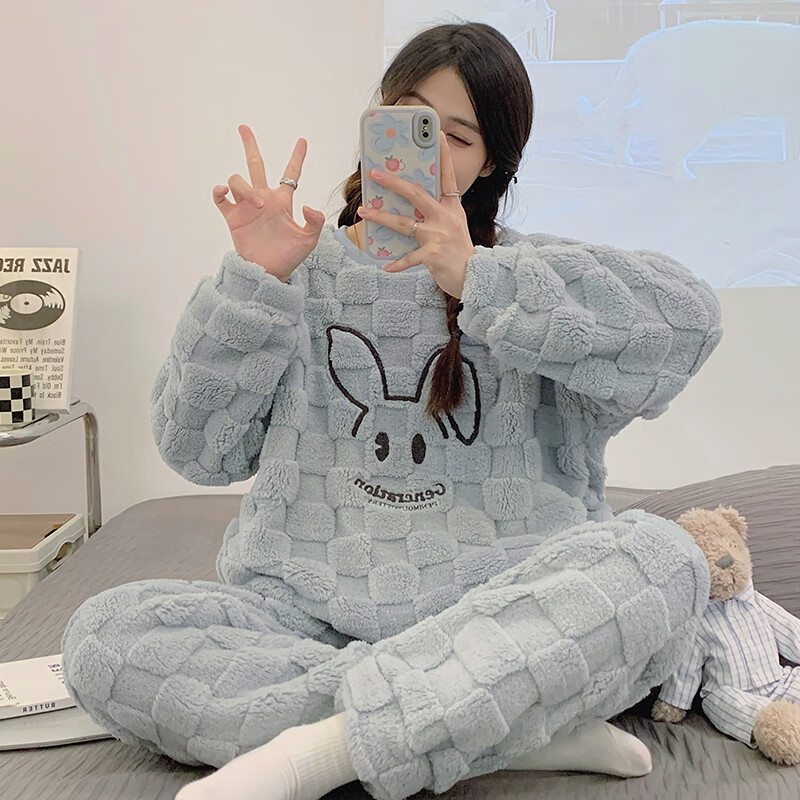 猫人少女感睡衣秋冬加绒加厚中华绒套头款可外穿家居服套装 QRQM-7818 M