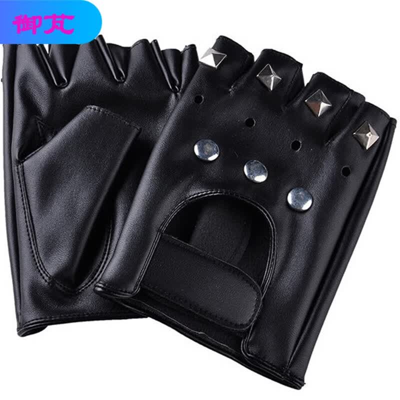 御芃街舞霹雳舞朋克夜店舞蹈跳舞手套舞台演出半指男手套 铆钉黑色