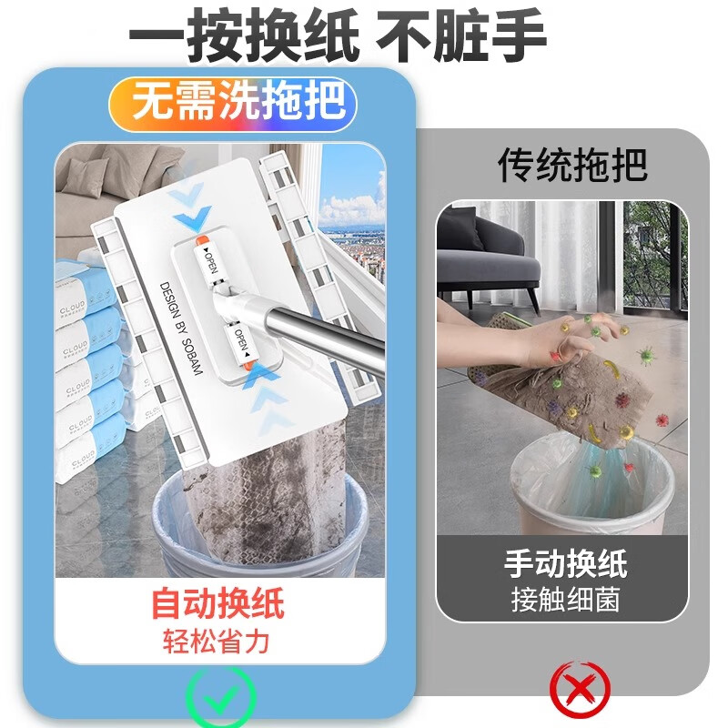 索邦洗脸巾小拖把懒人迷你拖把夹布洗面巾家用免手洗自动换纸清洁用品 洗脸巾拖把-74cm(送挂钩+抹布)