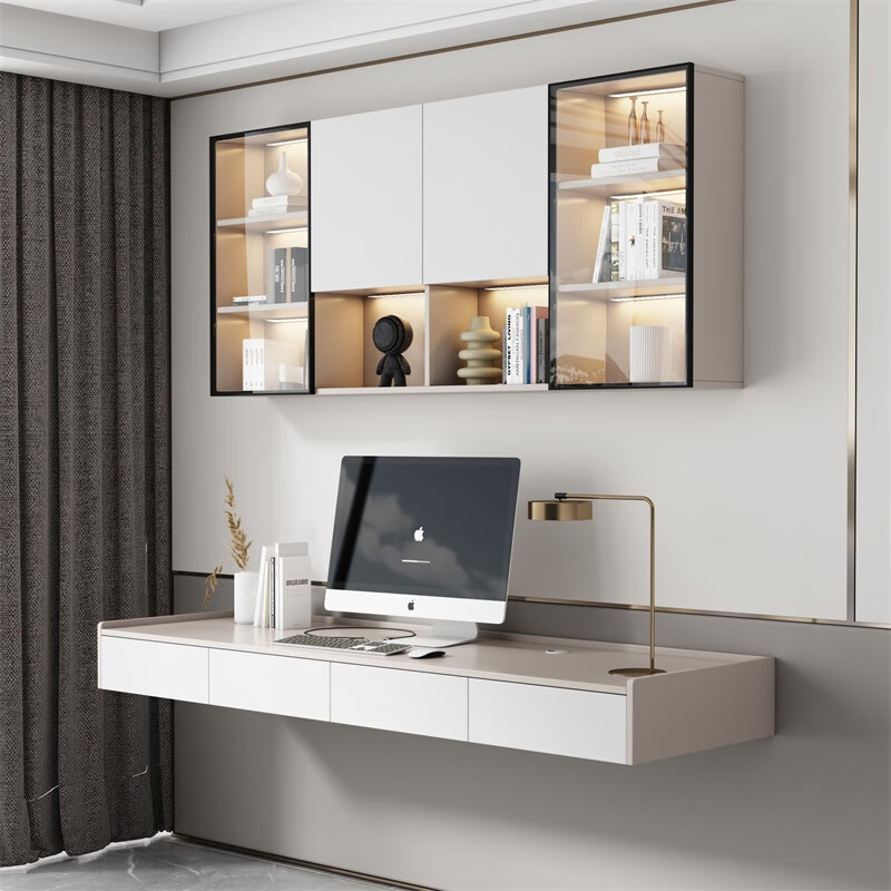 式悬空书桌墙上悬挂悬浮台式电脑桌家用卧室书柜书架组合 长100宽50灰