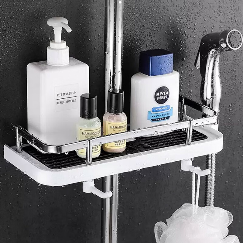 淋浴间花洒杆置物架免打孔冲凉房洗漱用品收纳架 黑白款(圆管直径2