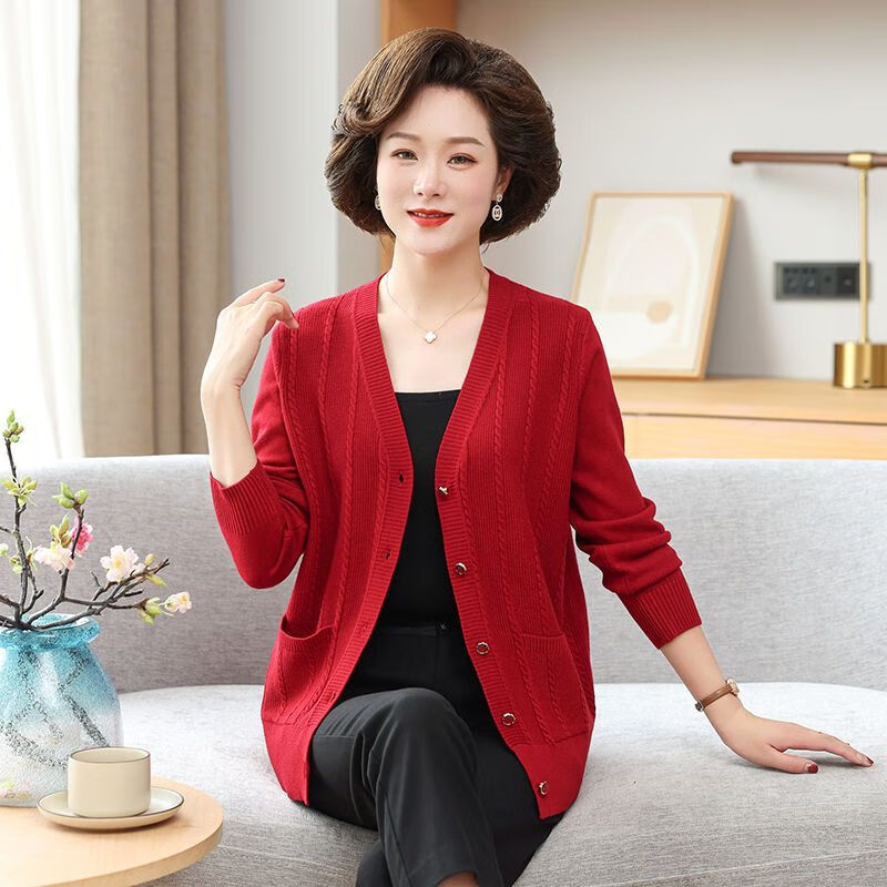 寒栩中年妇女外套中老年妈妈纯色v领开衫毛衣女装时尚宽松大码针织上