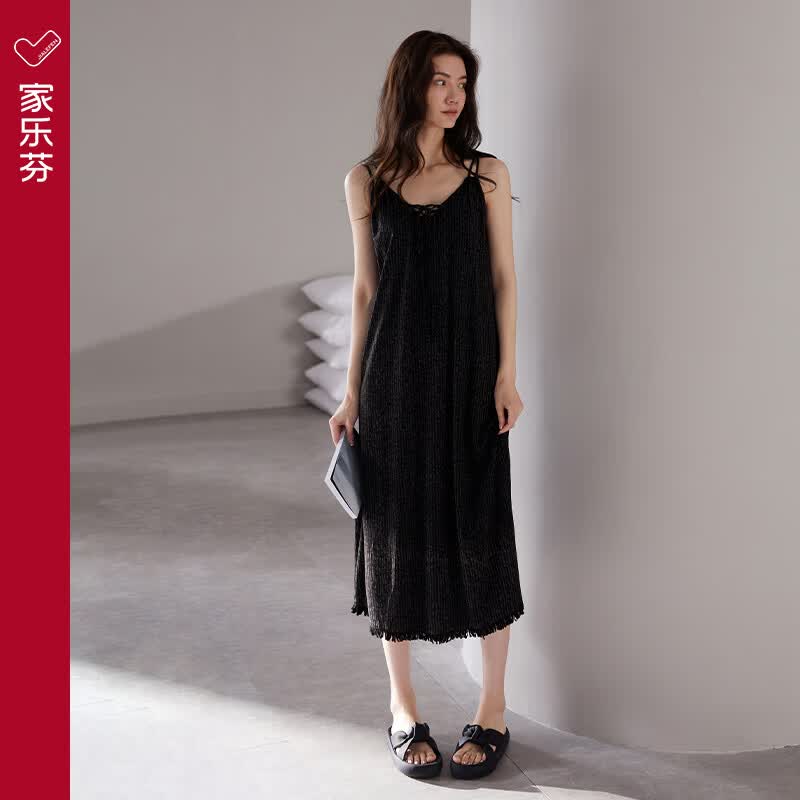 家乐芬睡裙女士睡衣夏季莫代尔无袖吊带背心夏天夏款中长款黑色连衣裙子 A824772气质黑 2XL 适合165-175cm体重140-160斤