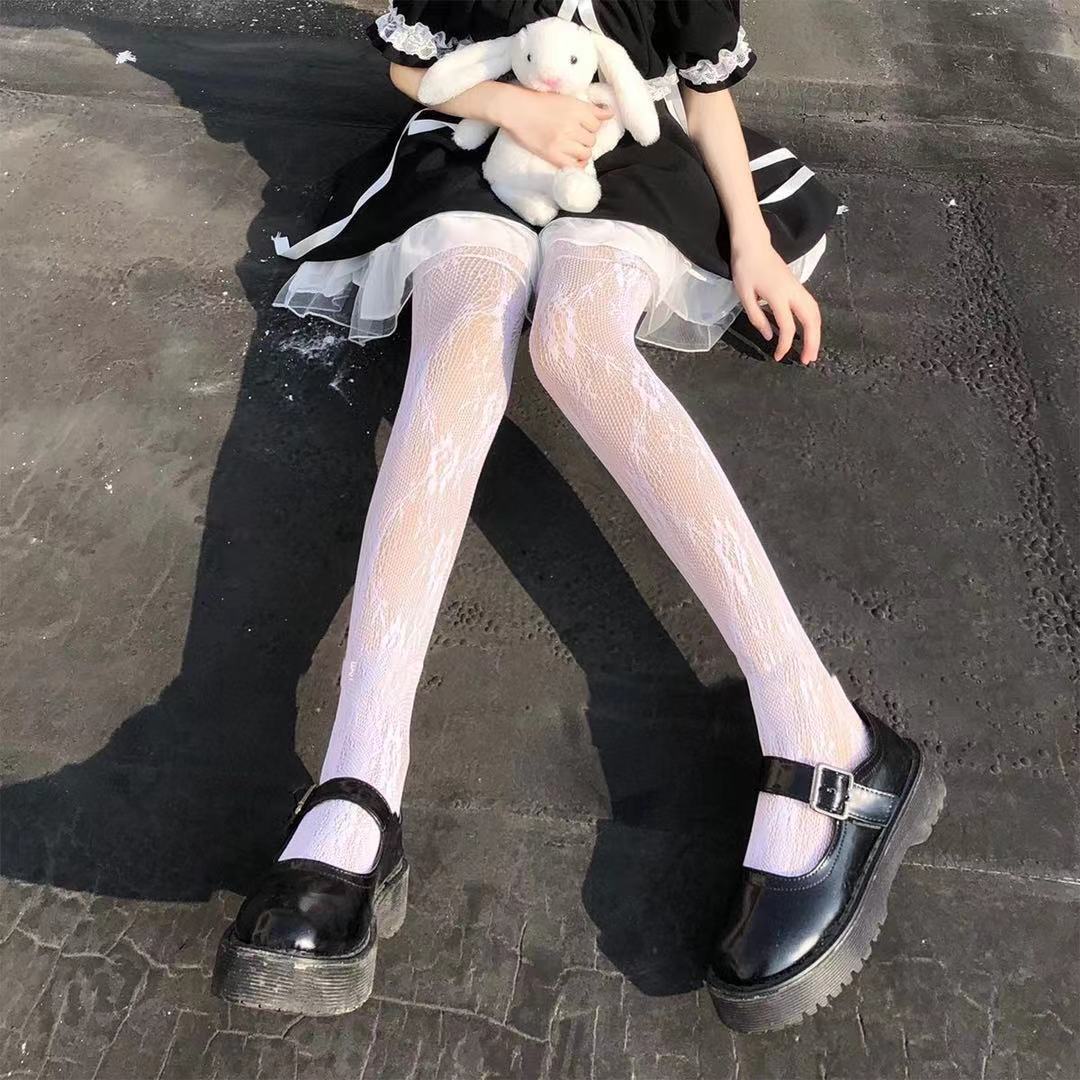 ita镂空蕾丝网袜打底连裤袜性感百搭花朵渔网袜jk白色丝袜显瘦 花朵