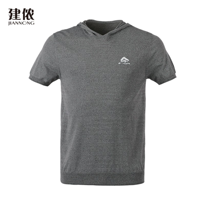 建侬無-时尚春夏男款纯色针织提花logo连帽运动休闲短袖t恤f3361 灰色