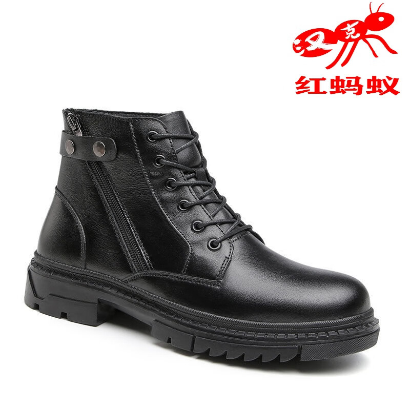 汉克红蚂蚁马丁靴男秋季中帮靴子男士工装鞋中筒加绒皮靴复古大码4748
