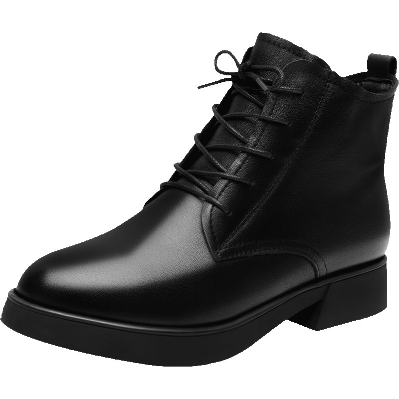 3515強人皮靴馬丁靴女新款靴子女靴冬英倫風粗跟羊毛保暖韓版復古短靴 黑色 35