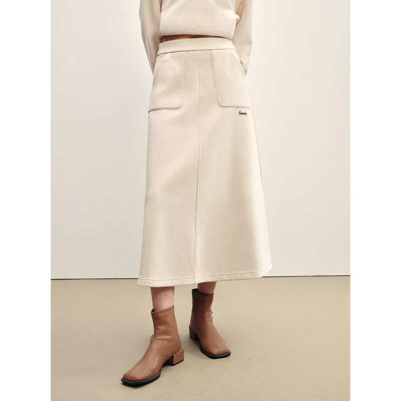 太平鸟冬季针织半身长裙女士高腰半身裙刺绣套装 米色 S