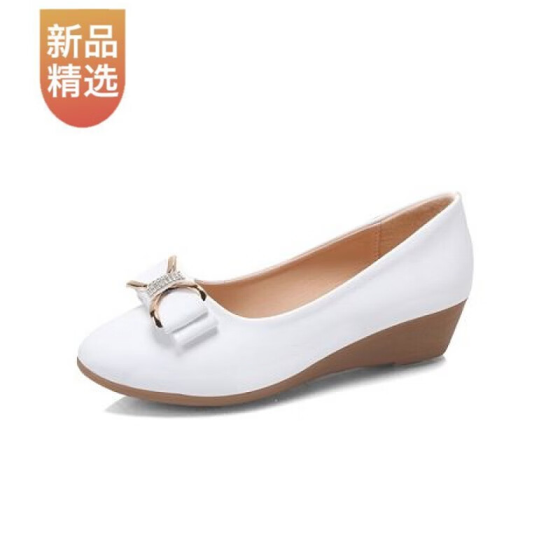 护士专用 牛筋底2021蝴蝶结坡跟低跟女单鞋圆头女士工作鞋皮鞋 白色
