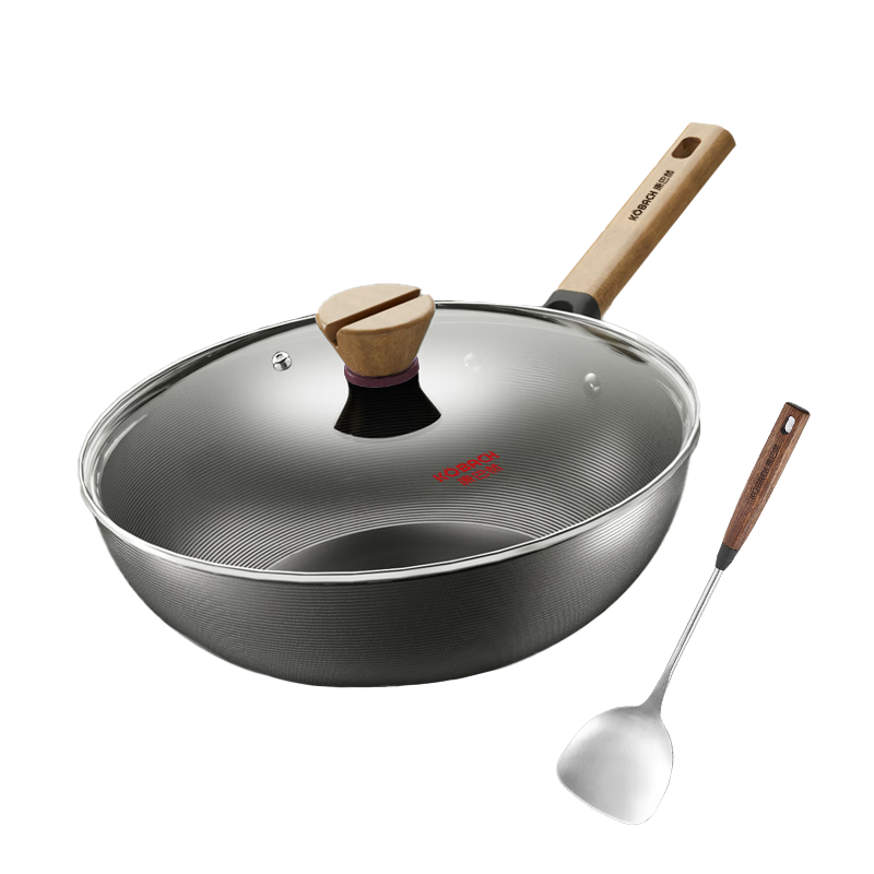 康巴赫(KBH)炒鍋無涂層精鐵鍋深氮防銹炒菜鍋輕巧爆炒平底煎炒電磁爐燃?xì)庠钣?鐵鍋+胡桃木柄鋼鏟 32cm