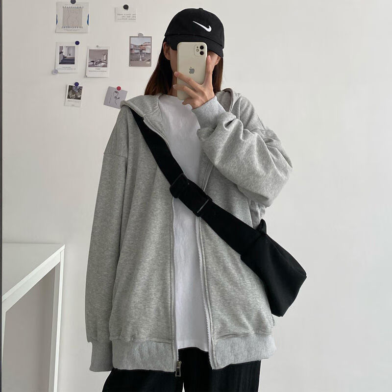 棉拉链连帽卫衣女2021秋季薄款韩版学院风宽松纯色长袖开衫外套 灰色