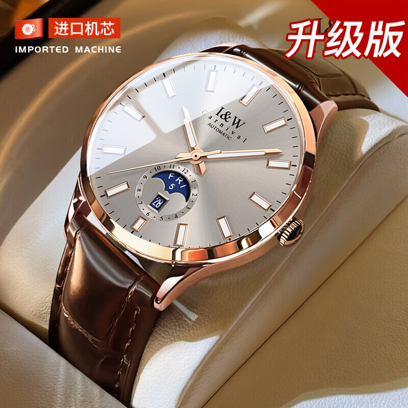 爱沃驰手表男士瑞士品牌夜光机械表进口机芯全自动男士品牌手表十大名表 升级版-玫灰皮带【进口机芯】免费刻字