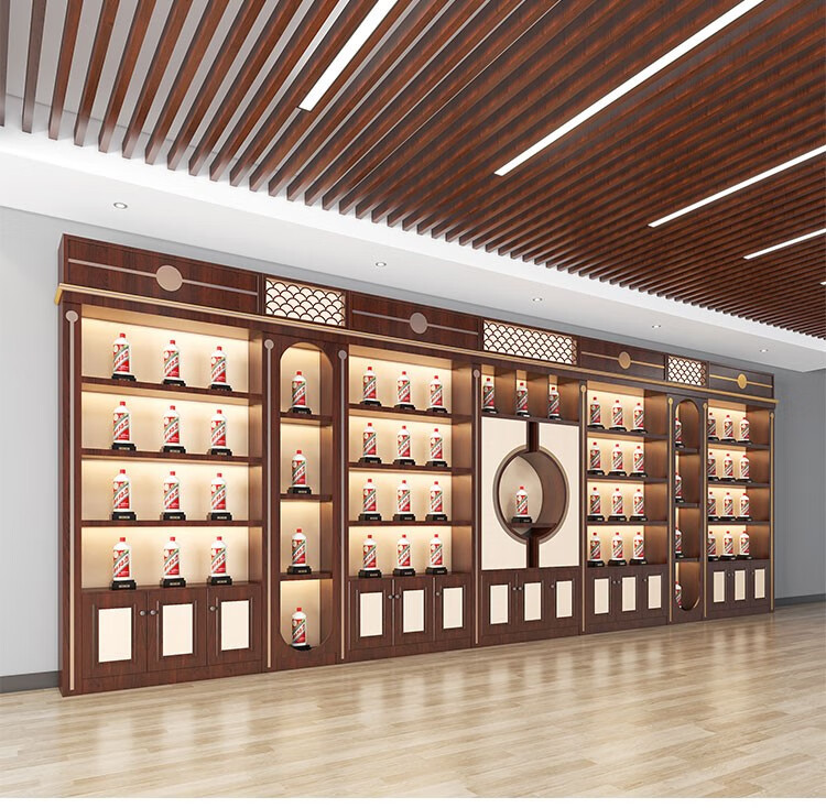 晴壁实木定制落地定制置物架整店书架白酒展示柜实木新中式烟酒店酒柜