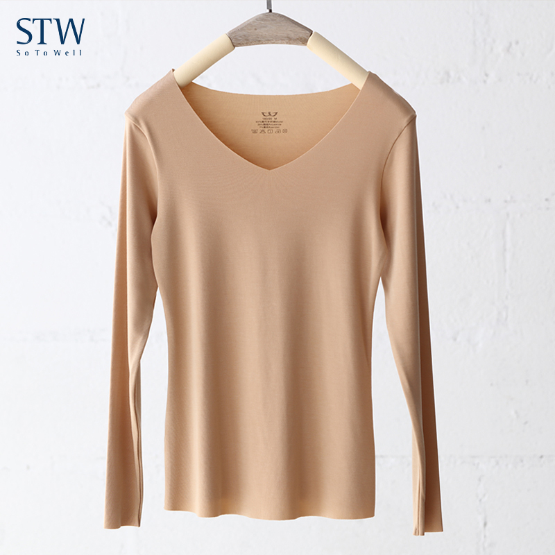 STW.SOTOWELL薄款莫代尔女士保暖内衣无痕舒服隐形V领打底衫长袖女内搭T恤单件内穿秋衣 WB018 肤色（单件上衣） XL高性价比高么？
