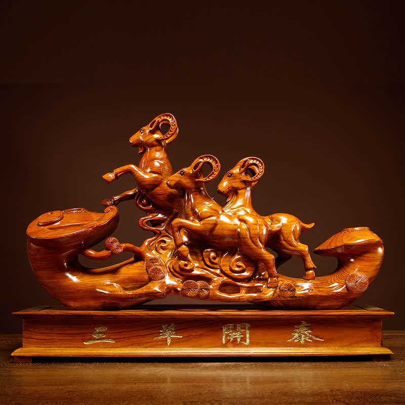 汝礼木雕三羊开泰摆件工艺品 实木红木雕刻生肖羊动物羊吉祥如意家居