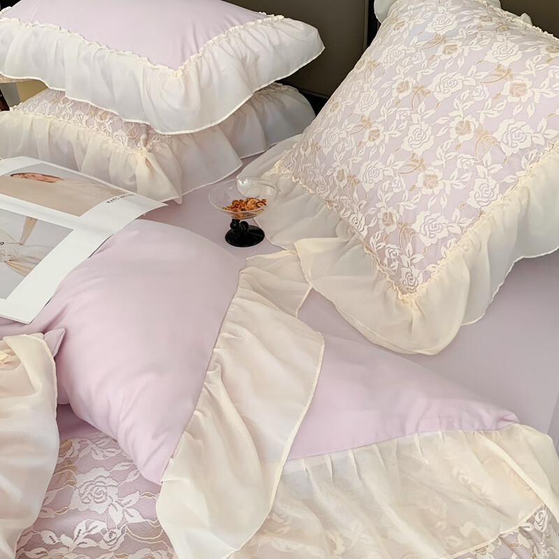 水星系列家纺轻奢100支高端镂空少女床裙款四件套公主风蕾丝花边亲肤被套床单 赫琳娜紫-蕾丝花边不掉色 2.0m床单四件套（被套2.2*2.4）