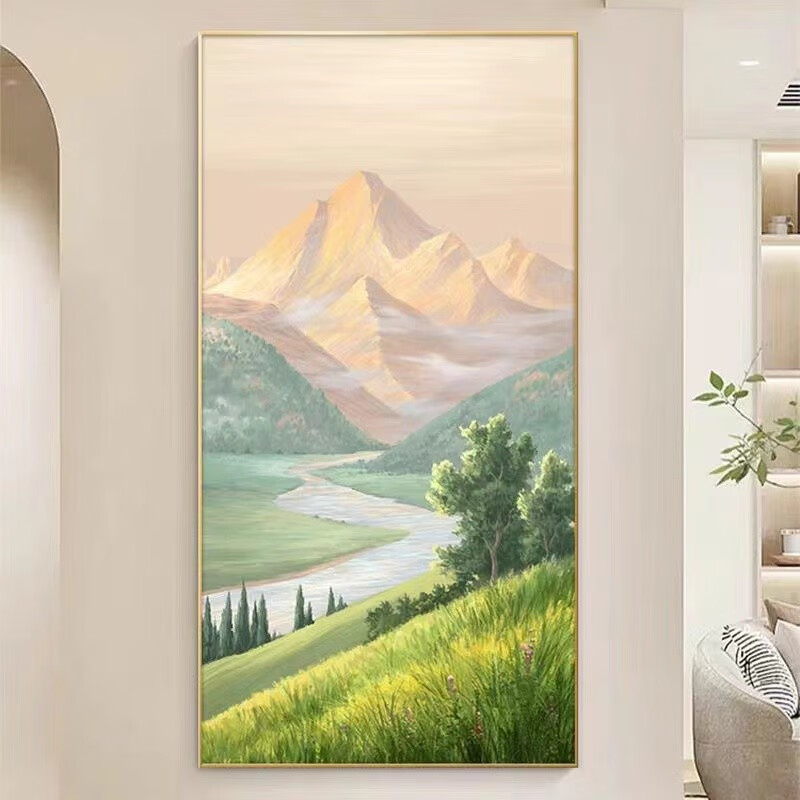 米聆 高端纯手绘山水风景玄关日照金山油画客厅过道入门竖版轻奢高档
