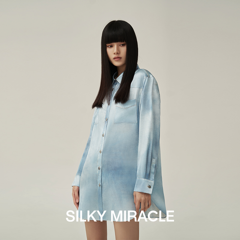 SILKY MIRACLE JEANS系列牛仔真丝衬衫裙新品家居服女士奢华可外穿睡衣新款礼物 牛仔衬衫裙 S