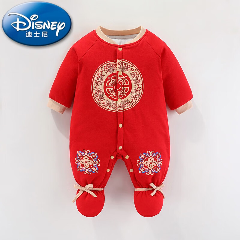 迪士尼（Disney）新生婴儿过年满月服秋冬装小月龄连体哈衣冬季男女宝宝百天过年服 红色 391#夹棉包脚连体衣 59cm