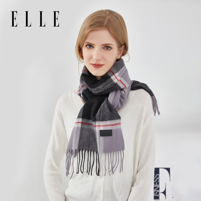 ELLE100%绵羊毛围巾女士秋冬季户外时尚百搭保暖长款格子披肩围脖 黑灰色