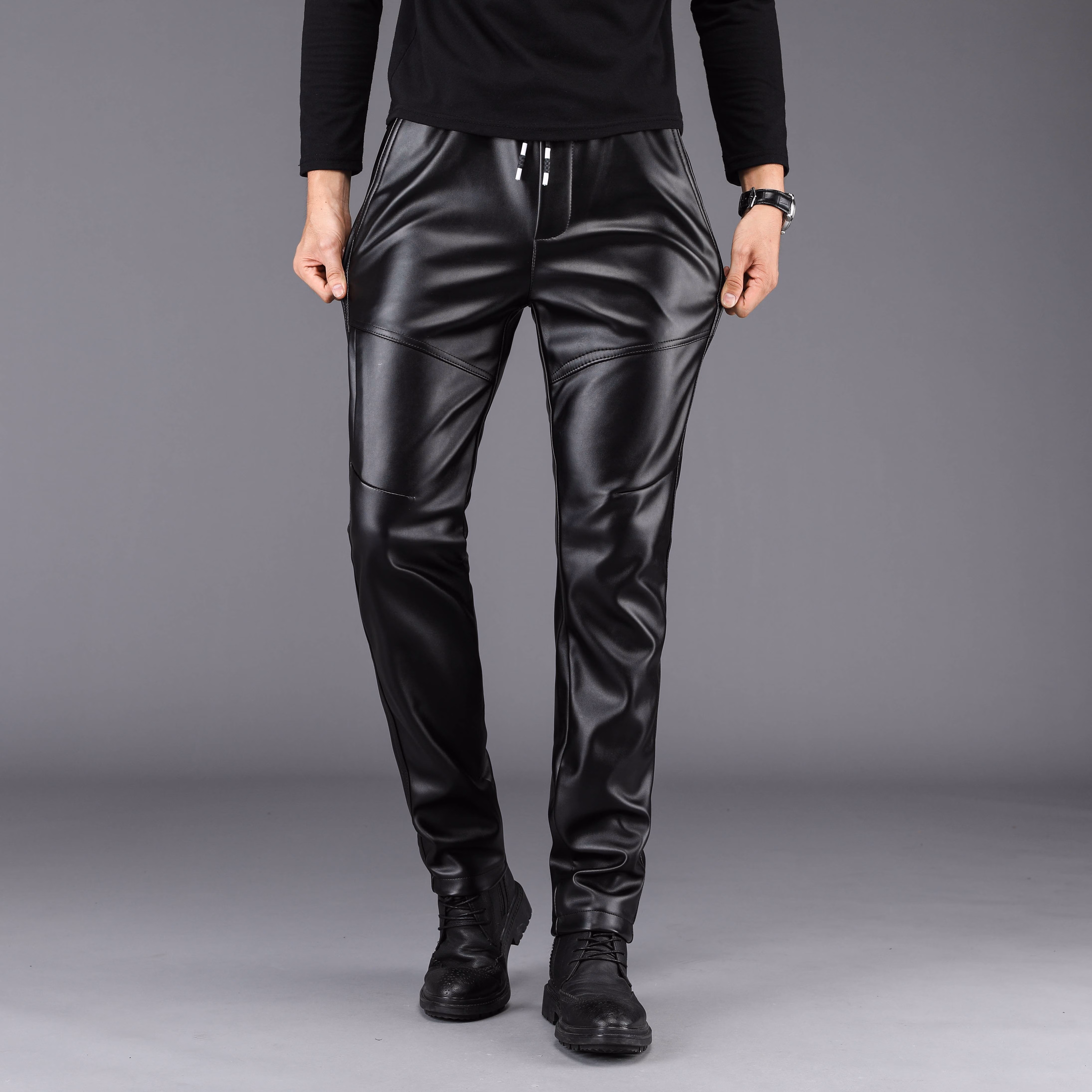 皮尔卡丹加绒皮裤男修身显瘦韩版加厚保暖皮毛一体摩托车长裤子青年