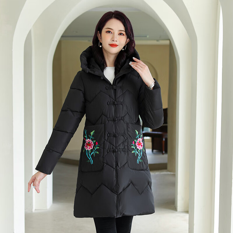 秀丝路中国风唐装中长款棉衣女秋冬复古棉服绣花盘扣棉袄连帽 黑色 m