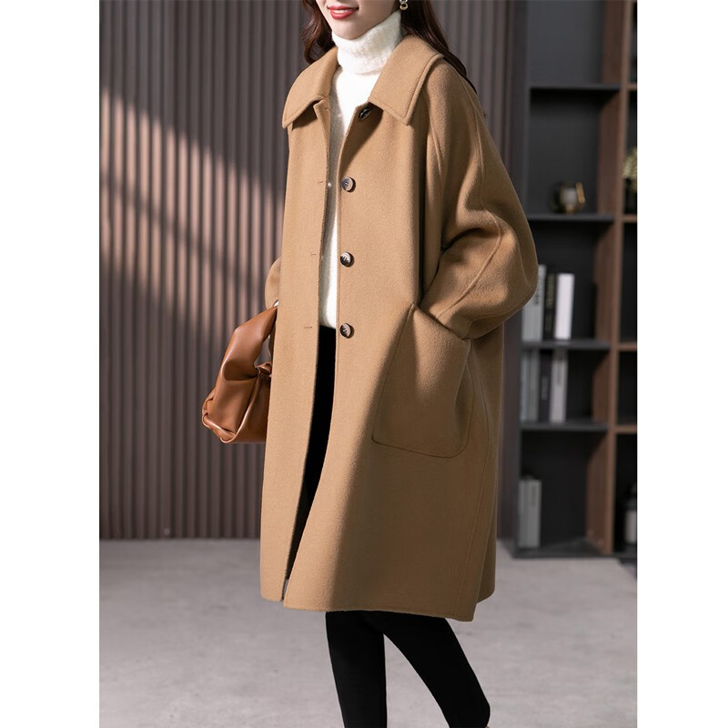 原形高级感茧形羊毛双面呢大衣女2024秋冬季新款显瘦百搭宽松毛呢外套 驼色 S