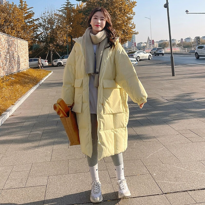 相伊恋人羽绒棉服女25年秋冬季中长款加厚棉衣外套新款宽松棉袄学生面包服 奶黄色 M 【适合100-120斤】