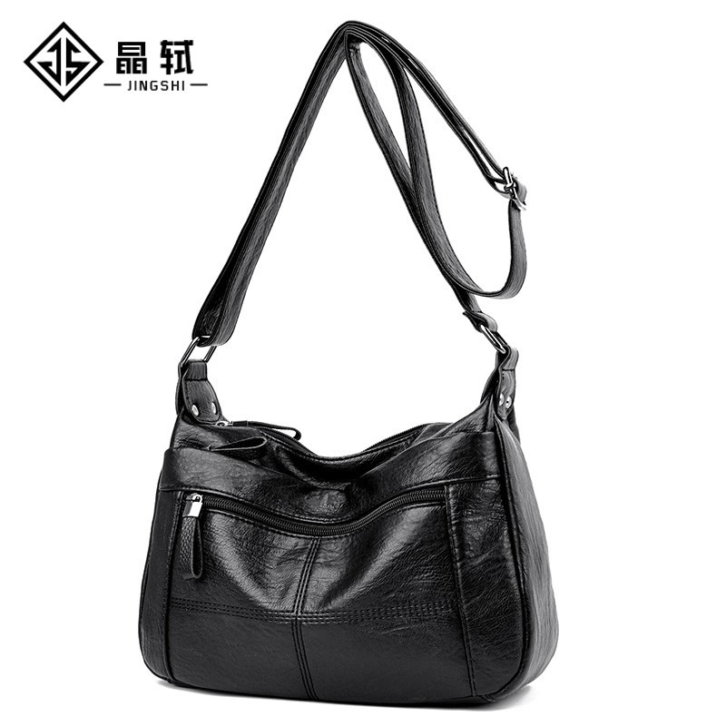 晶轼软皮包包女2025新款百搭大容量斜挎包时尚中老年妈妈包女士单肩包 黑色