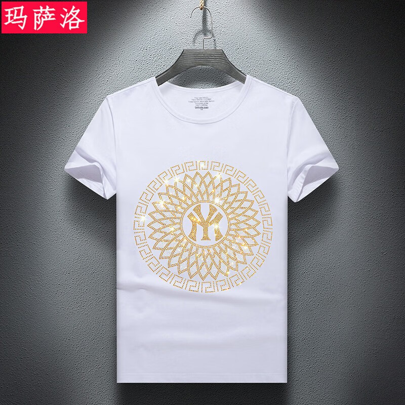 萨洛夏季男士烫钻t恤短袖男社会精神小伙胖子大码半袖体恤潮镶钻衣服t