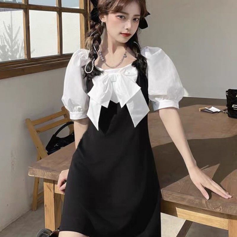 爱图荣夏季2021新款韩版收腰显瘦蝴蝶结拼接方领短袖连衣裙女装裙子