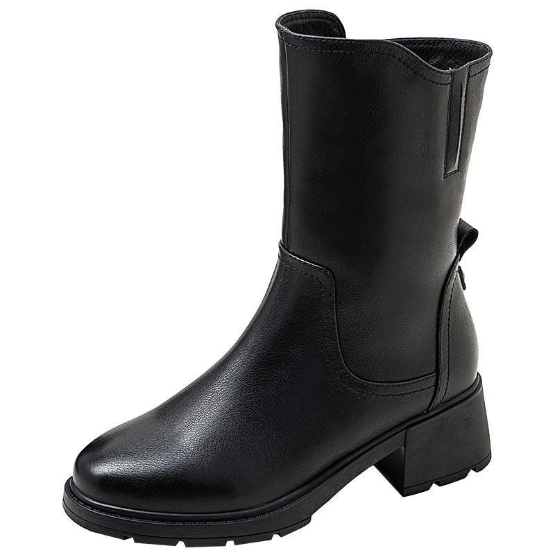 康莉（COMELY）加絨短靴女冬季新款真皮羊毛里中筒靴保暖靴子 黑色/羊毛里 38