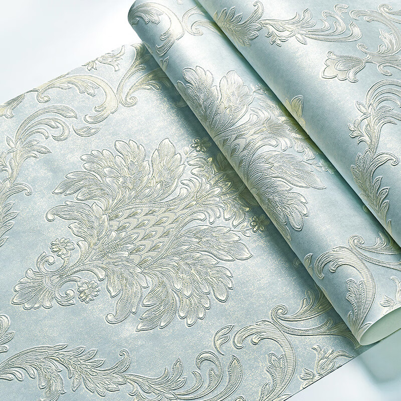 浮雕精压纹壁纸欧式墙纸无纺布卧室墙纸客厅电视背景墙 水洗蓝(花纹)