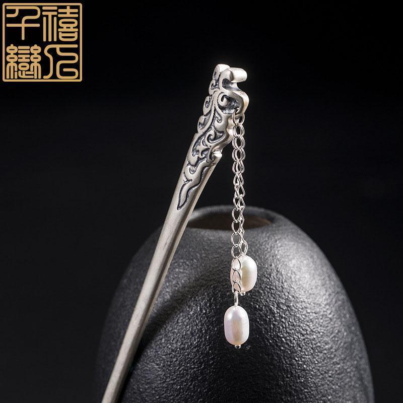 博皓定制千禧恋人s925银复古国风簪子珍珠流苏步摇发簪古风汉服银簪女