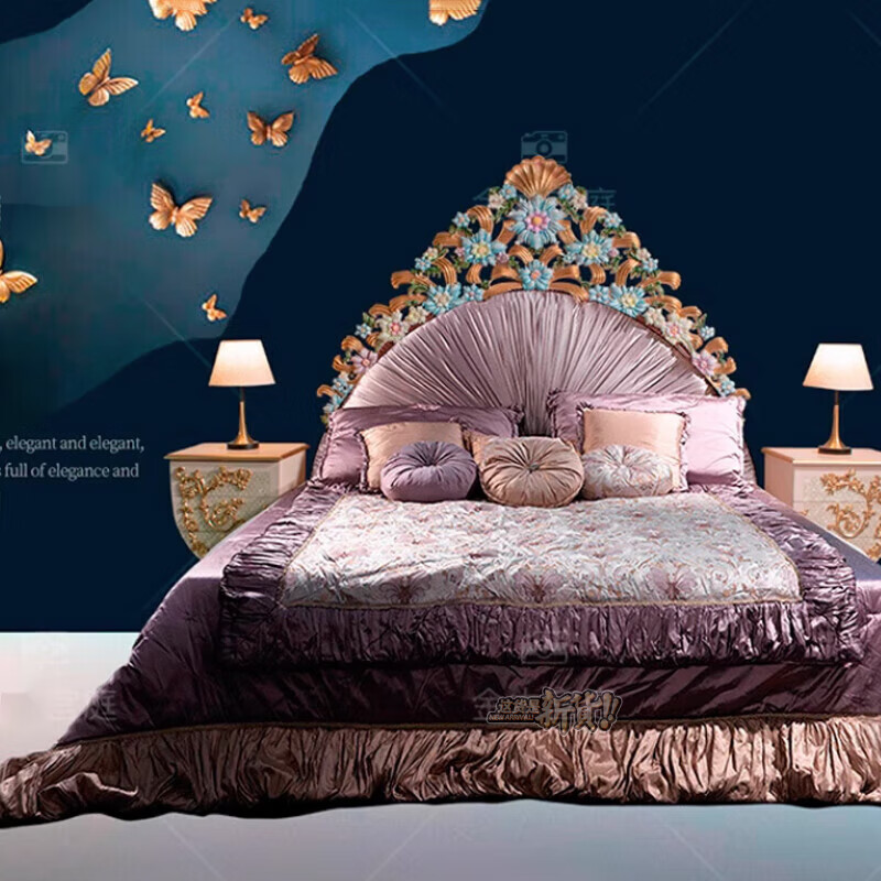 木素宣法式彩绘别墅大床双人公主奢华主卧床布艺高端卧室家具全实木雕刻 法式彩绘双人床 如图