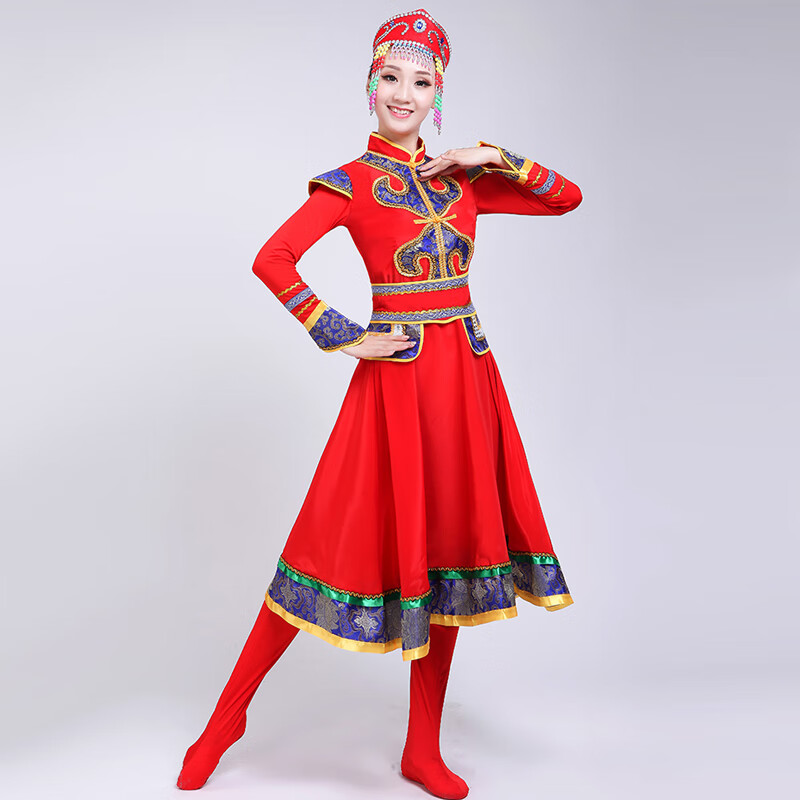 炫逐蒙古族服装女装演出服蒙古女民族风蒙族成人服饰新款夏季舞蹈草原 红色 款式1 S