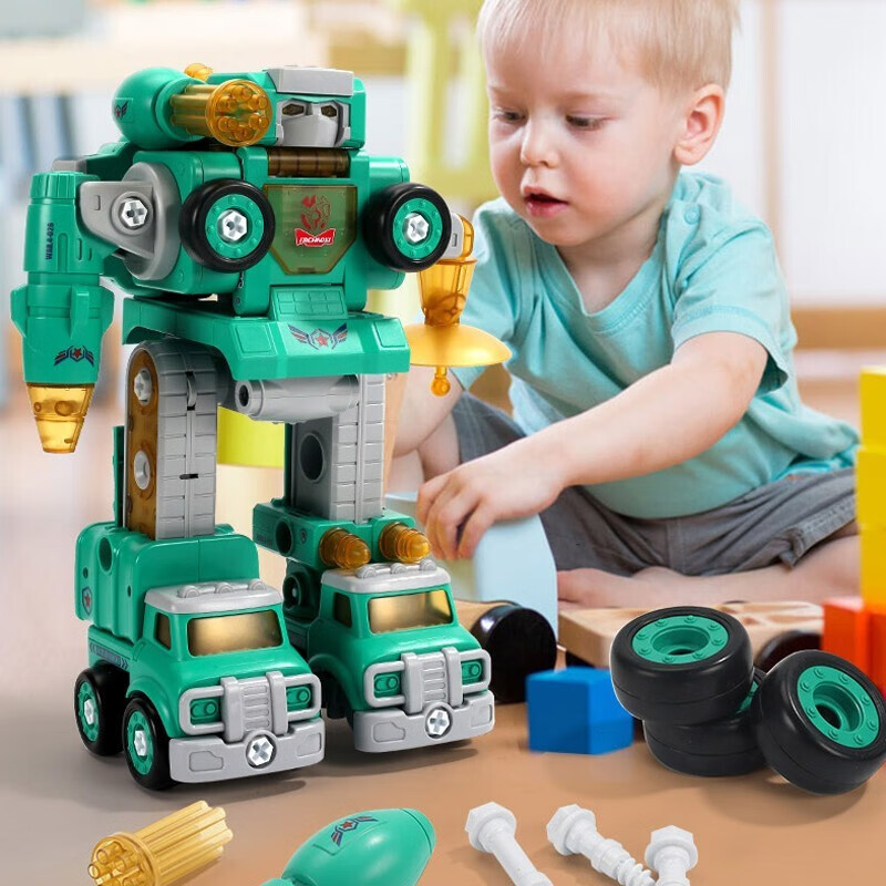 儿童变形机器人玩具男孩拼装恐龙三岁拧螺丝积木拆装五合体工程小汽车3-4-5-6岁男孩生日六一节礼物 五合一变形合体机甲(绿色）