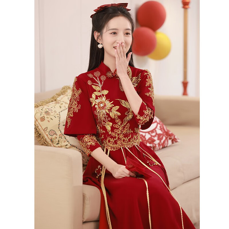 南糖三色  中式敬酒服新娘旗袍秀禾服2022新款结婚高级感红色订婚礼服冬长款 酒红色常规长款 L怎么样,好用不?
