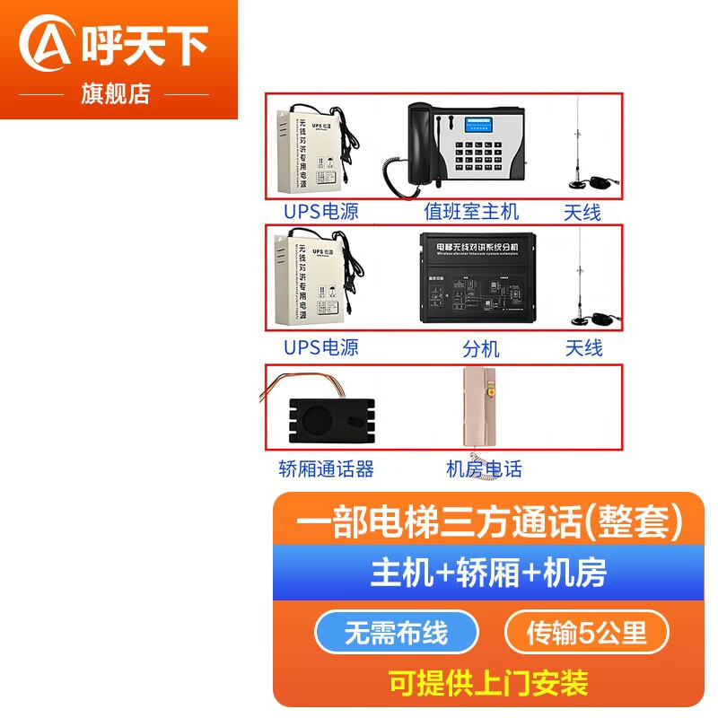 呼天下电梯无线对讲系统值班室主机电话机4G无距离电梯三方五方对讲通话 一部电梯三方通话套装（标准款）