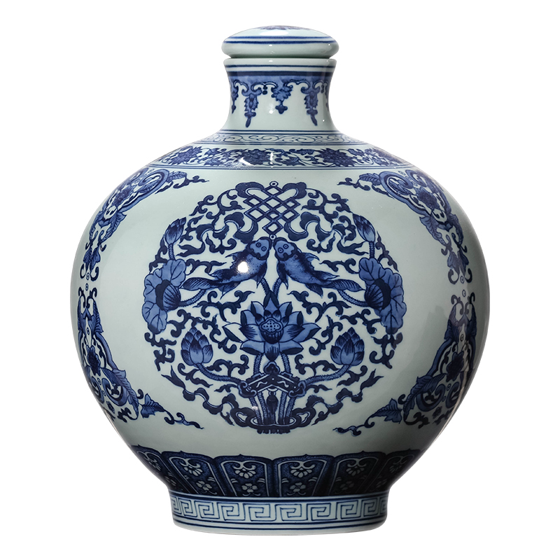 厚古薄今  景德鎮(zhèn)陶瓷酒壇手繪青花瓷10斤20斤泡酒瓶30斤裝酒罐家用密封酒壺 10斤手繪年年有余石榴瓶+證書+底座
