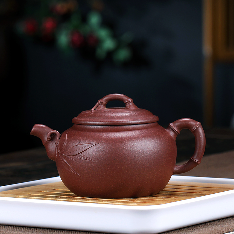 陶舍轩宜兴紫砂壶全手工原矿枣红泥韵竹工艺美术师 吴俊400cc纯手工