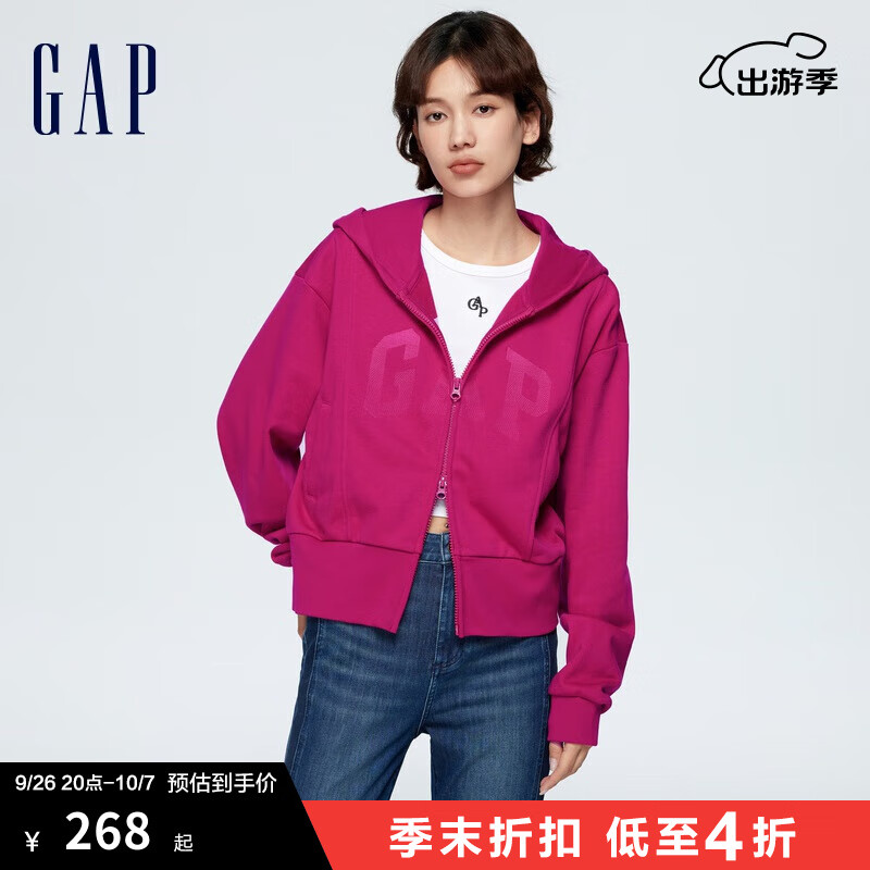 Gap女装2024春季新款法式圈织软渐变刺绣logo连帽卫衣外套873736 玫红色 165/84A(M)亚洲尺码