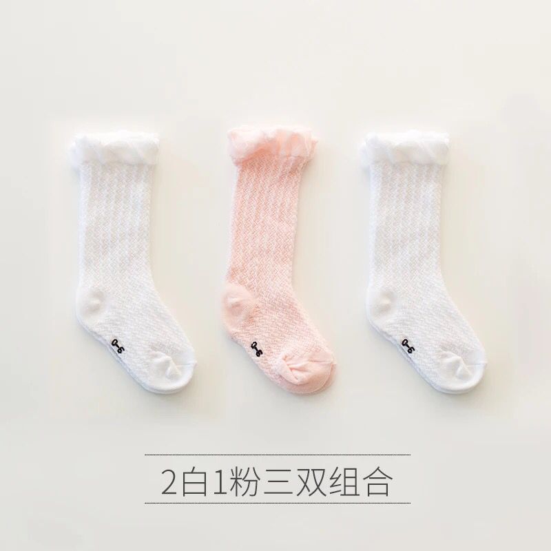 37802-童装优品春夏季婴儿长高筒袜网眼透气新生儿童薄款男女宝宝过膝防蚊袜棉质 夏季网眼-2白1粉3双装 M码袜底12CM建议6-12个月-详情图