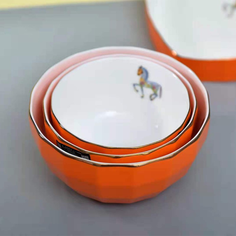 天顺陶瓷 橙色爱马仕简约创意碗陶瓷碗具餐具碗碟盘套装欧式米饭碗钻