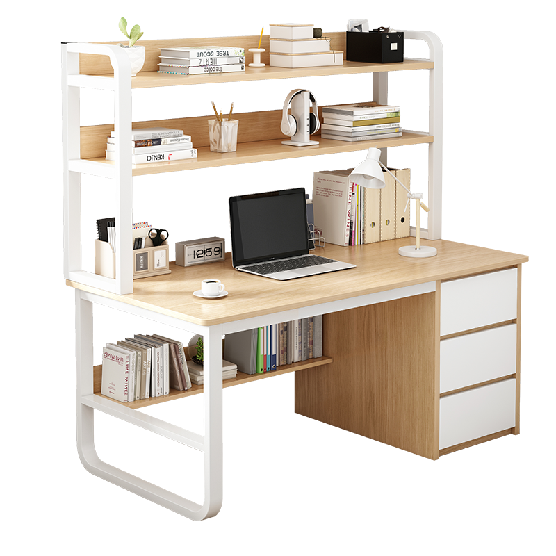 悦美妙电脑桌台式书桌书柜组合简易办公桌带书架学习桌简约家用卧室写字桌子 暖白色140CM
