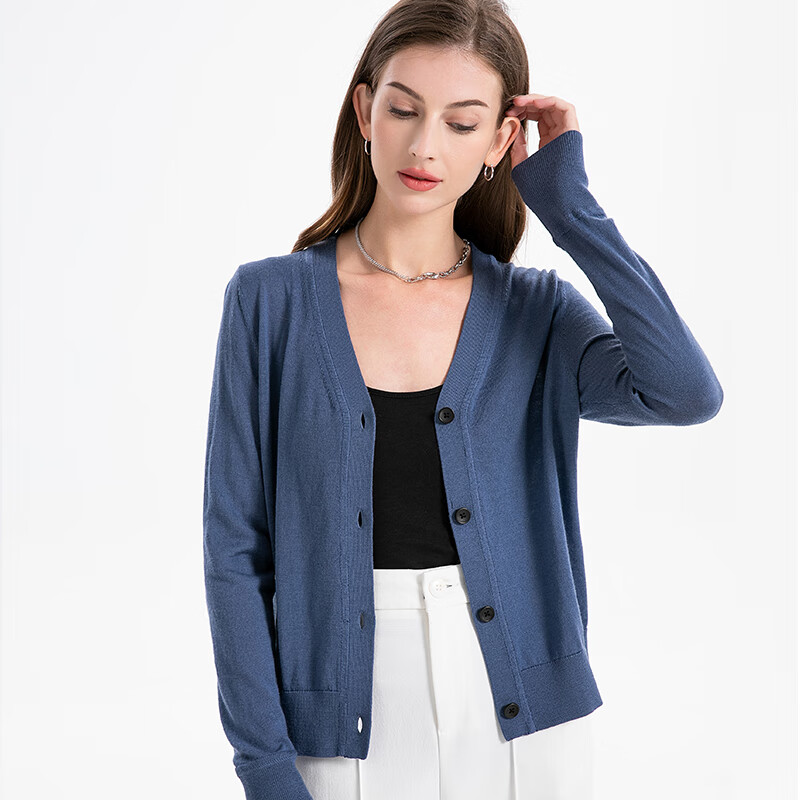 德凯佳新款v领春夏针织衫外搭开衫纽扣纯色长袖外套上衣羊毛衫 米白 S