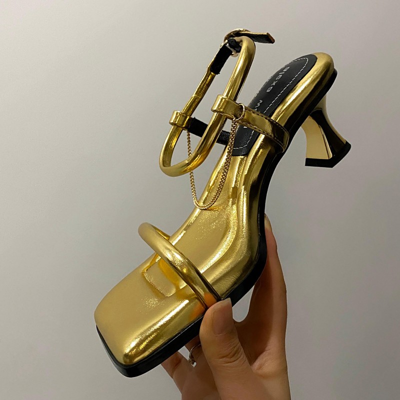 dr品牌羊皮凉鞋女夏季新款鞋女中跟细跟女鞋时尚气质一字扣时装鞋女