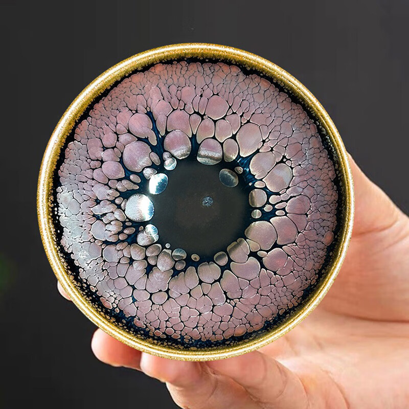 闽北建盏丨建窑黑瓷浮雕粉金花瓣油滴纯手工铁胎窑变品茗杯大号主人杯